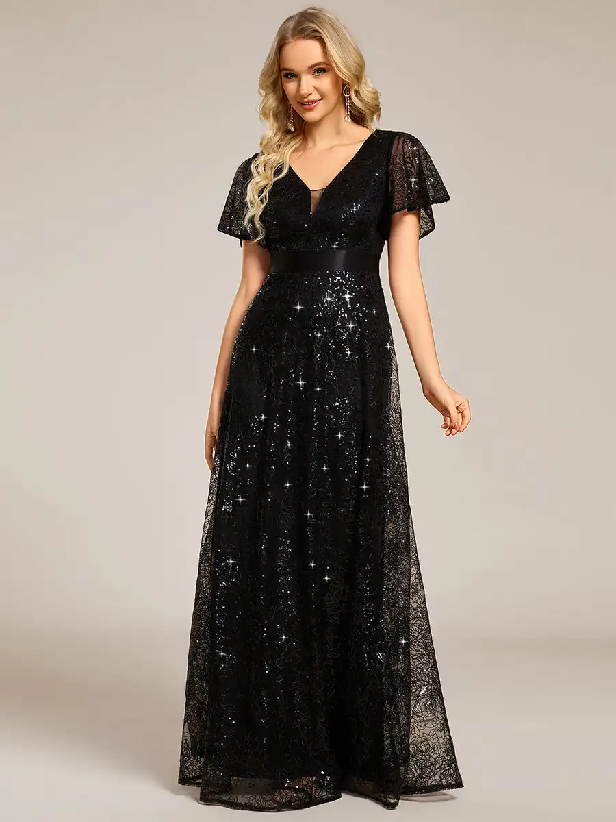 

BAZIIINGAAA Party Dress Exquisite Sequin Paillette Embroidery Evening Dresses with Ruffles Sleeve