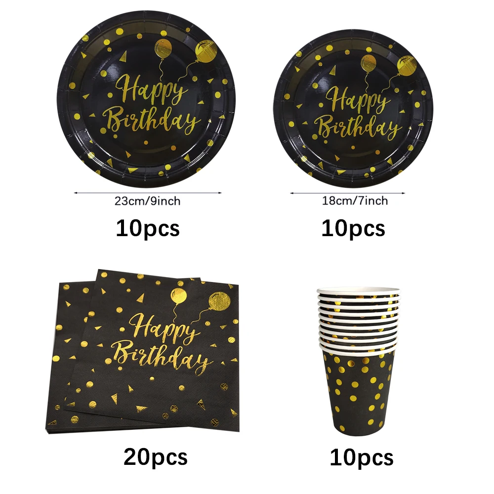 Schwarz Gold Geburtstag Einweggeschirr Set Pappteller Tassen Servietten Tischdecke Erwachsene Alles Gute zum Geburtstag Party Dekoration Hochzeit – Detail 3
