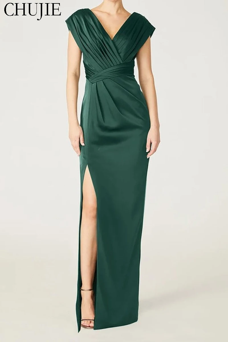 

Customized Green V Neck Mother Of The Bride Dresses For Wedding 2025 Slit Satin Formal Evening Gowns Grandmother Of Groom Dress
