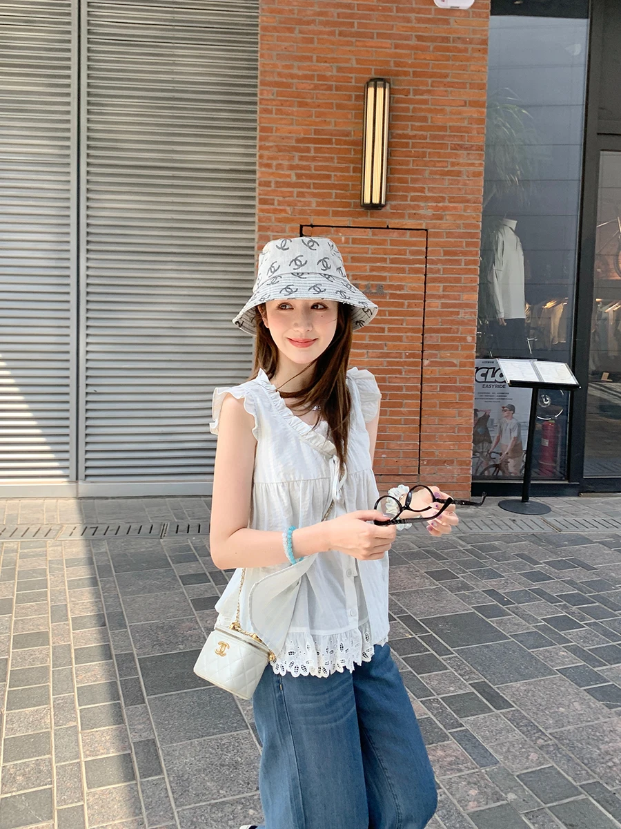 

YANUOYU Мятно-жасминовый топ-жилет с кружевной отделкой, имитация двухслойности, летний модный женский хлопковый жилет