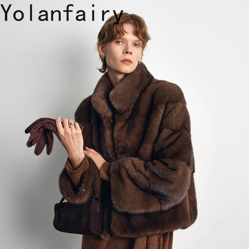 YOLANFAIRY Purple label velvet winter real mink fur coat women thicken Short-Length stand collar commuting mink fur coat 2025