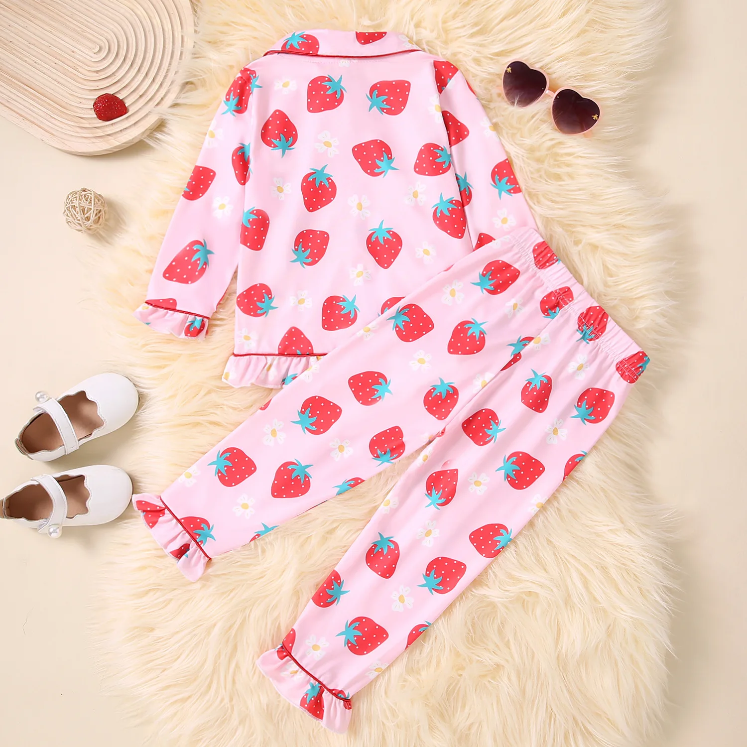 New 2 Pcs Girls Cute Pajama Sets Strawberry Print Long Sleeve Top+Pants Set Princess Gir's Pajamas Cozy Loungewear