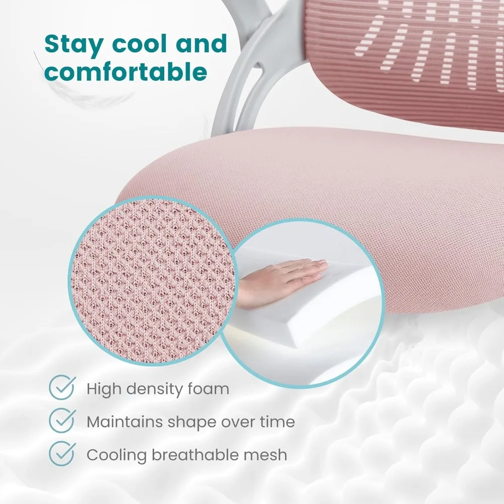 كرسي مكتب شبكي مريح مع دعم قطني، وأذرع قابلة للطي، وعجلات دوارة لطلاب دراسة الألعاب المنزلية باللون الوردي