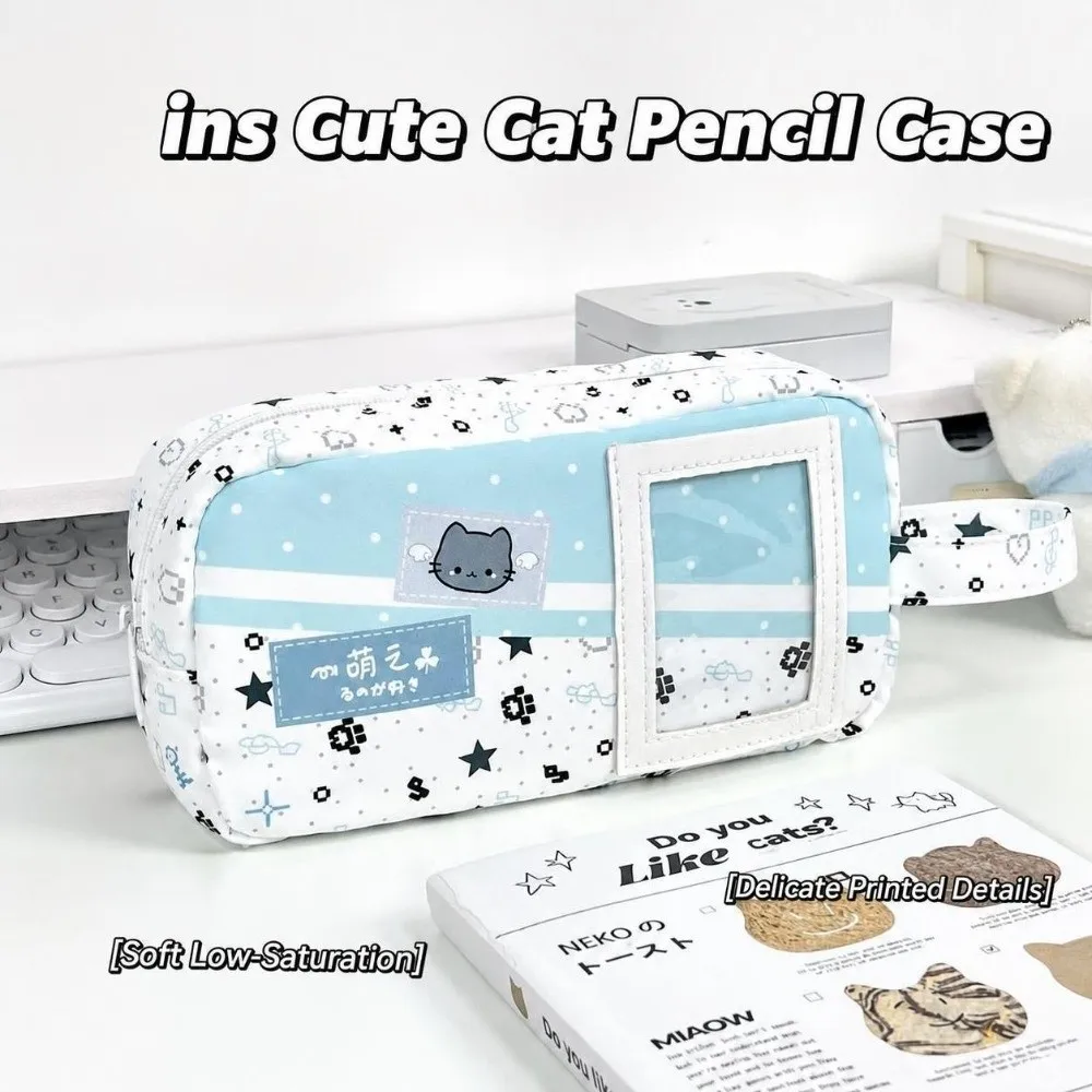 Blue Pixel Cat Print Pencil Case Large Capacity with Clear Window Pencil Pouch with Handle Stationery Bag School Supplies