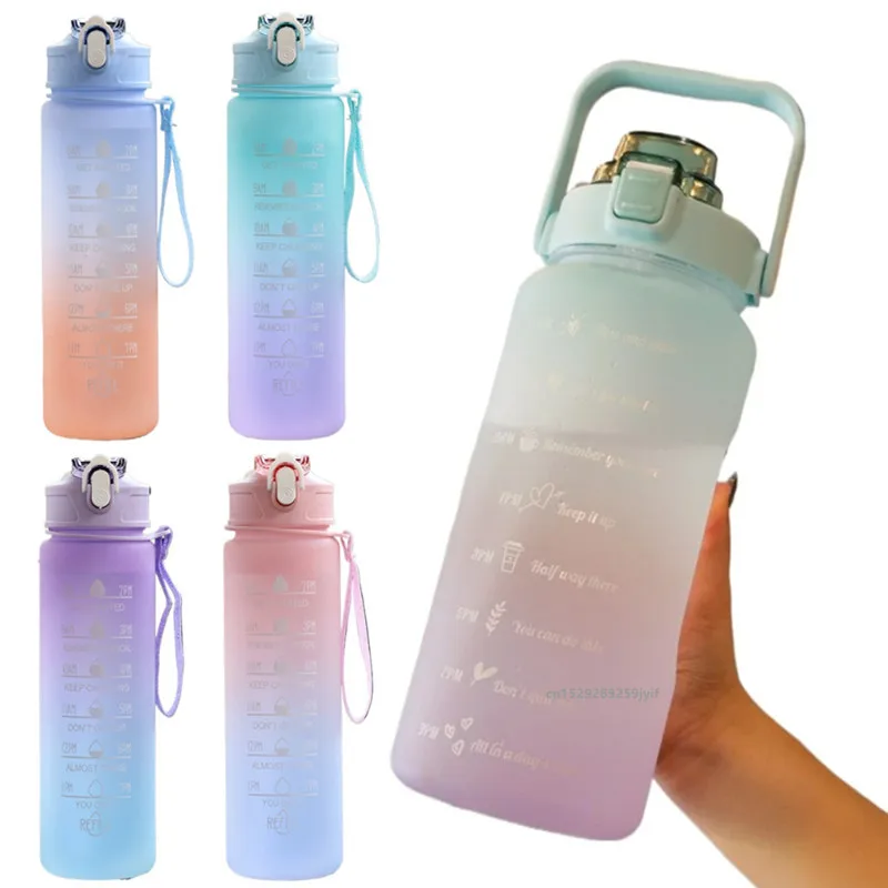 Outdoor Sport Water Bottle Large Capacity 750ml/2000ml Plastic Cup Bounce Cover Outdoor Leakproof Straw Cup with Time Marker