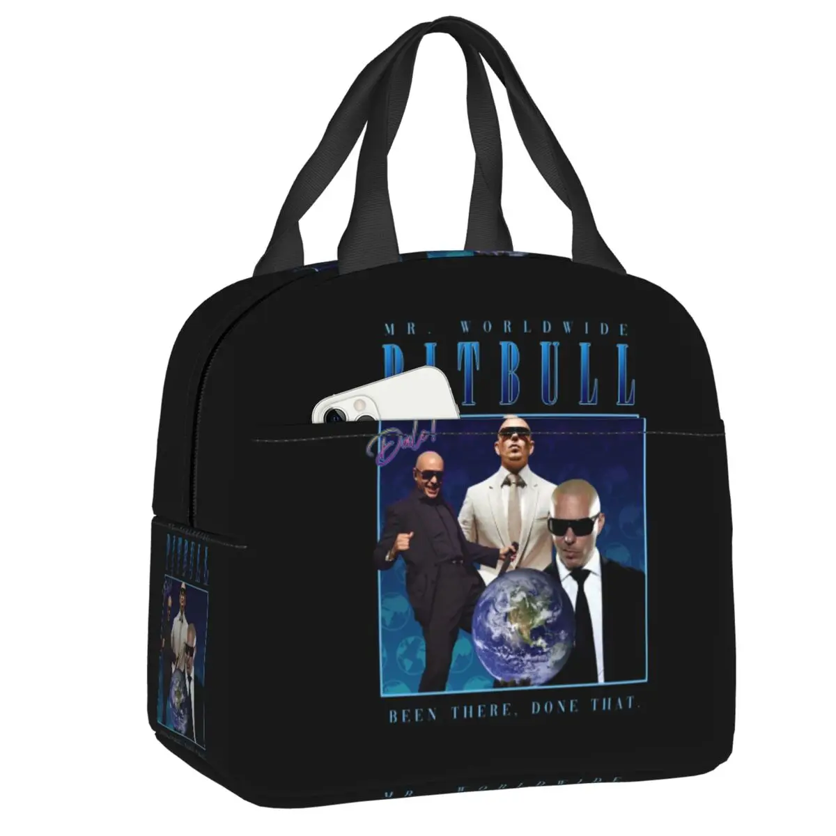 

Custom Mr. World Rapper Pitbull Insulated Lunch Bag for School Office Waterproof Cooler Thermal Bento Box Women Kids