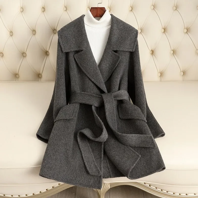 Women Short Autumn Winter New Style Lace-up Lapel Slimming Wool Woolen Fashion Simple Women's Wear Double-sided Fleece Wool Coat