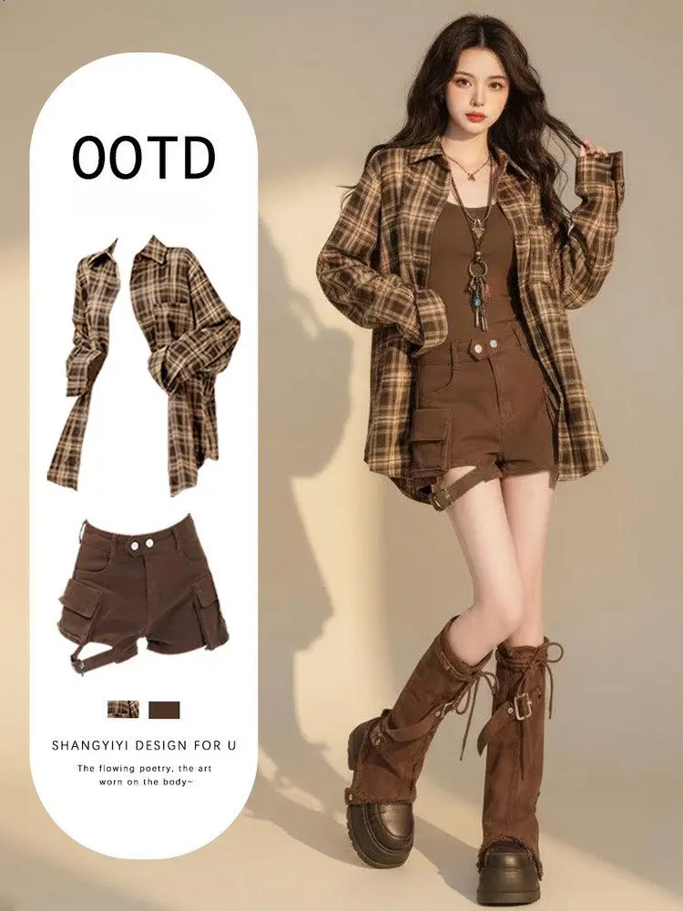 

Spring Summer Women's Plaid Shirt And Short Jeans Set High Waist Casual Style Long Sleeve Neck Knitted Top And Skirt
