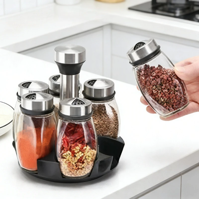 Ensemble de 1/7 pots à épices rotatifs en verre pour cuisine, avec support de rangement pour sel, sucre, poivre et autres assaisonnements, organisateur de cuisine