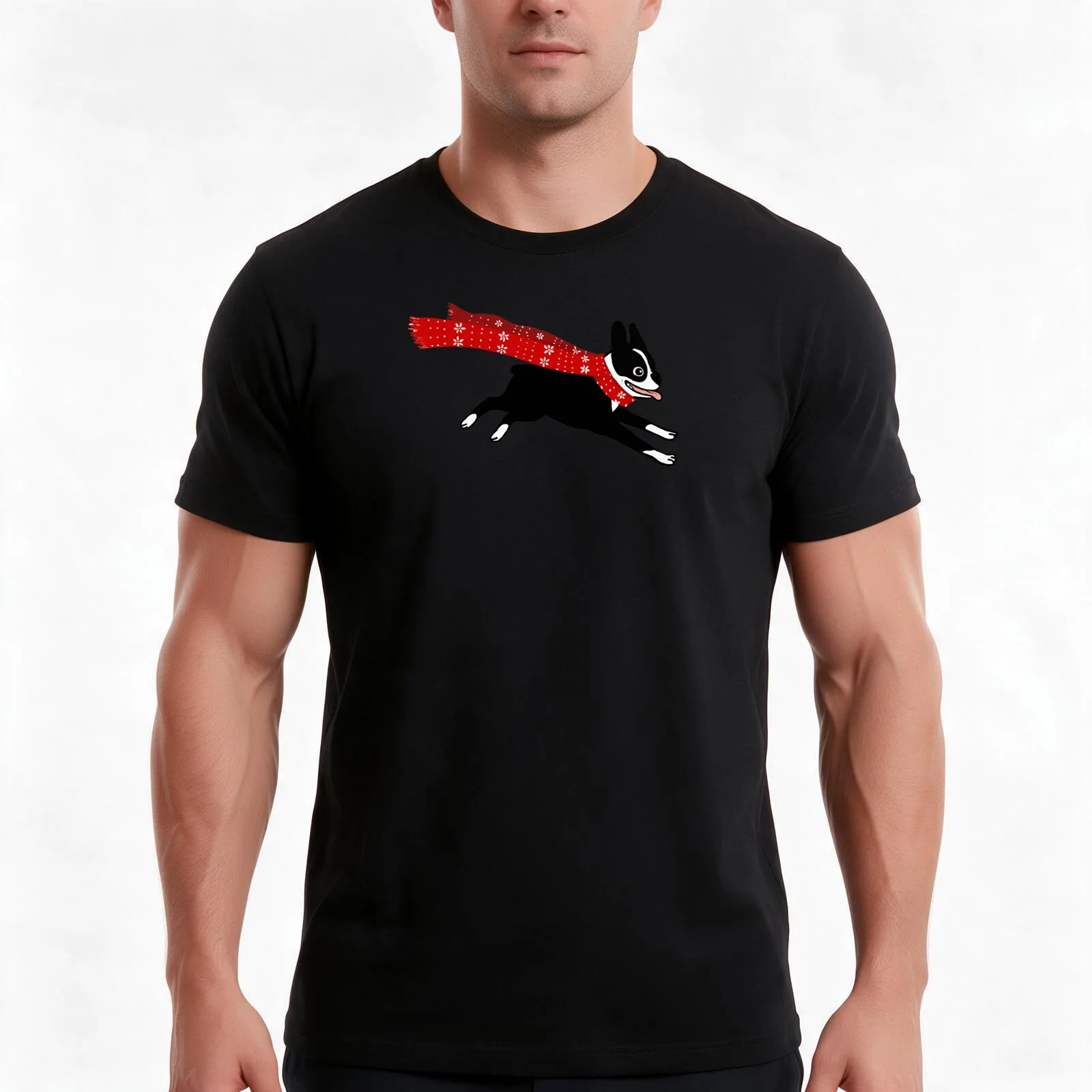 Holiday Boston Terrier Wearing Winter Scarf T-Shirt, Summer Casual Cotton Tee, Oversized Streetwear Tops, Vintage Graphic Print