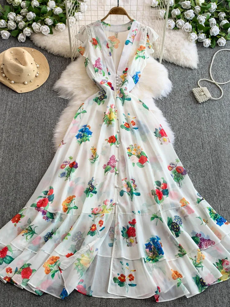 

Vacation Style Long Printed Dress Women's Waist Cinched Deep V Neck Flounce Sleeve Chiffon Dress Korean Style Spring Summer