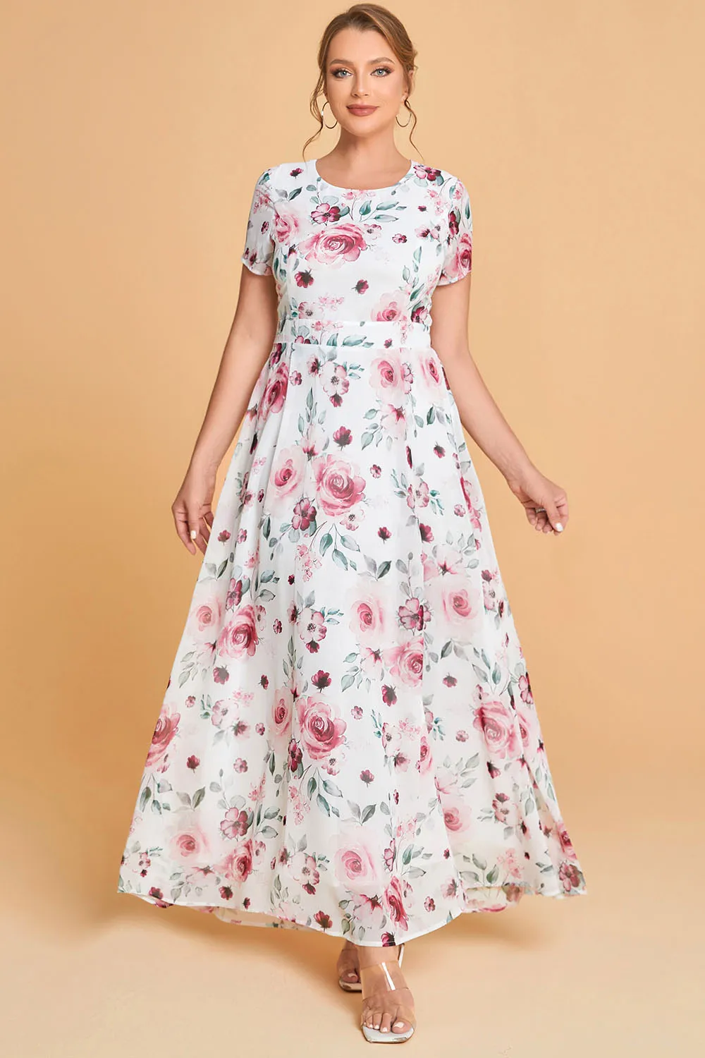 

Women's Casual Chiffon Floral Print Split Hem Maxi Dress White Crew Neck Versatile Plus Size Summer Dresses Office Clothing