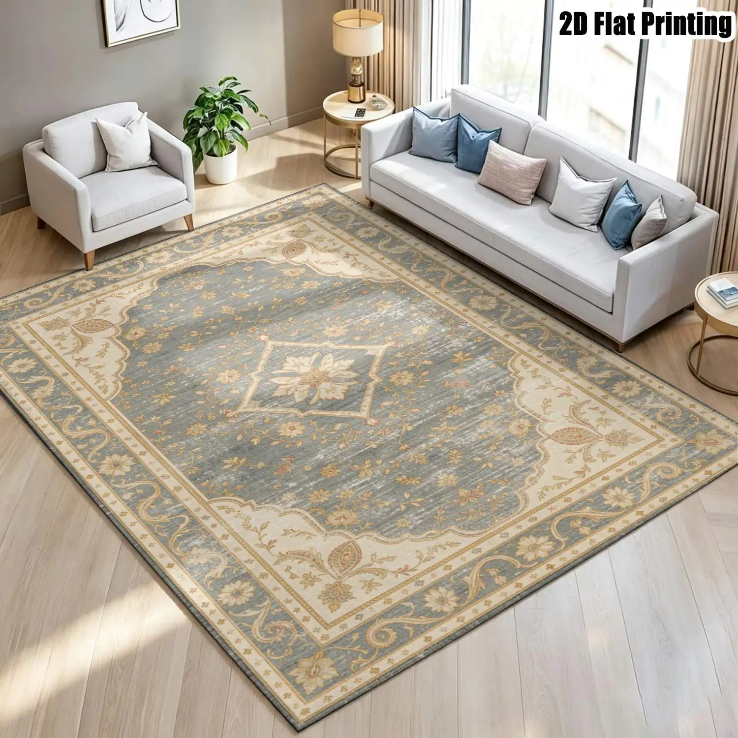 1Pc 2D Printed Carpet: Blue-Grey Floral & Geometric Design, European Vintage Style, Multi-Size, Machine Washable, Ideal for Home Decor, Entrance, Dining, Bedroom, Living Room