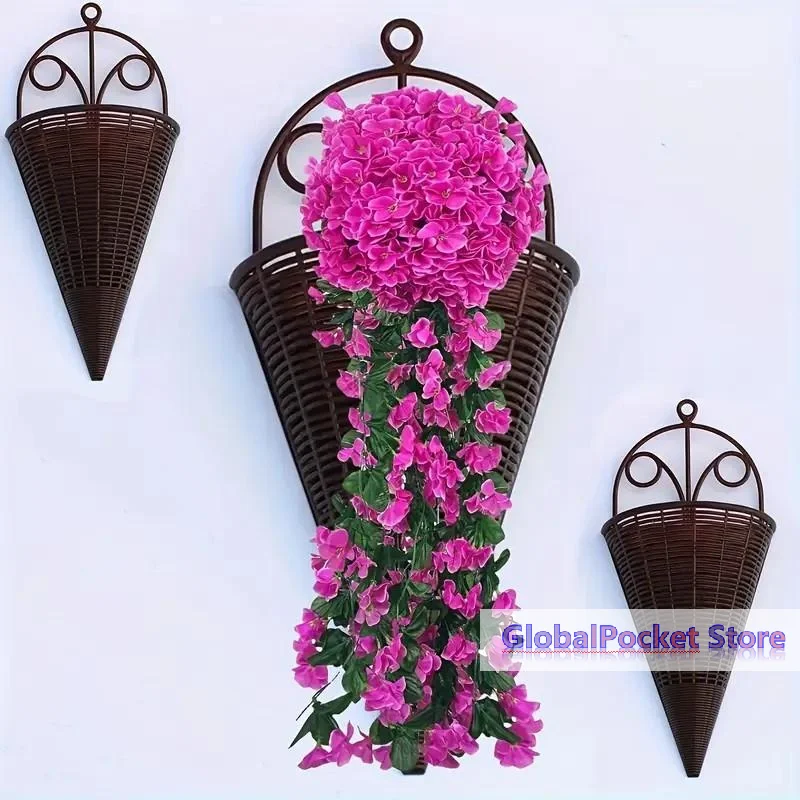 [TG823]Brown Wall Hanging Cone Planters Imitation Rattan Weave Vintage Design For Indoor Outdoor Floral Decor