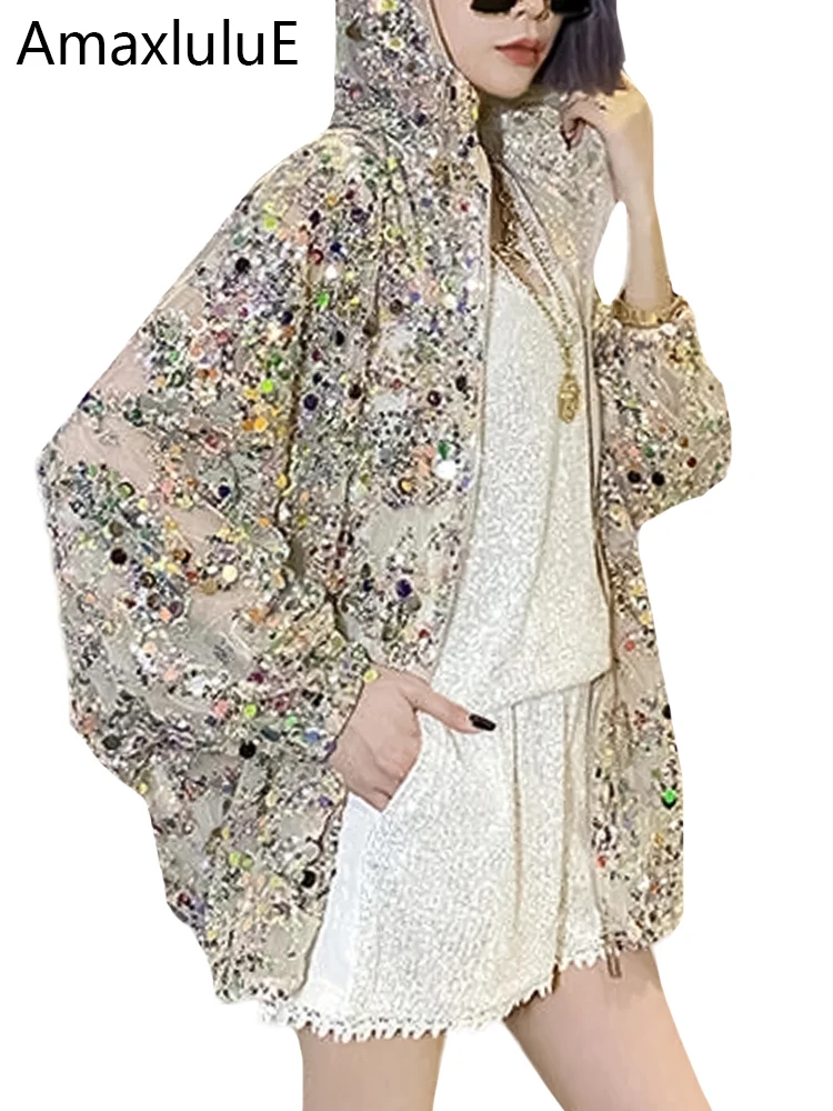 AmaxluluE 2025 Summer British Streetwear Ladies Sequins Hooded Loose Jackets Women Vintage Zippers Coats Female Big Size Clothes