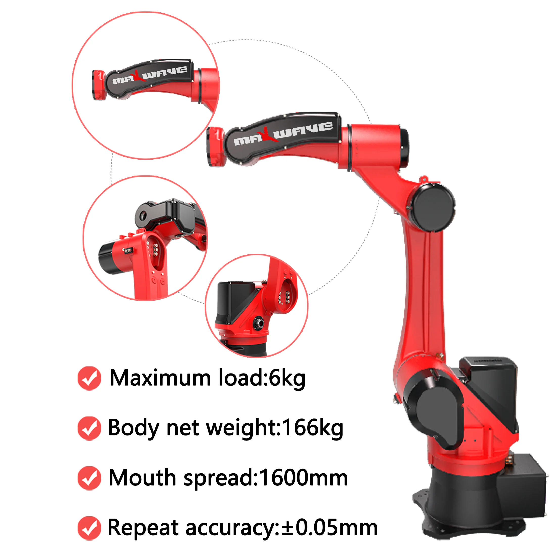 Maxwave High Precision Six Axis Robot 1506 163°/s Arm Speed 6KVA Power For Welding Handling 1600mm Arm Span