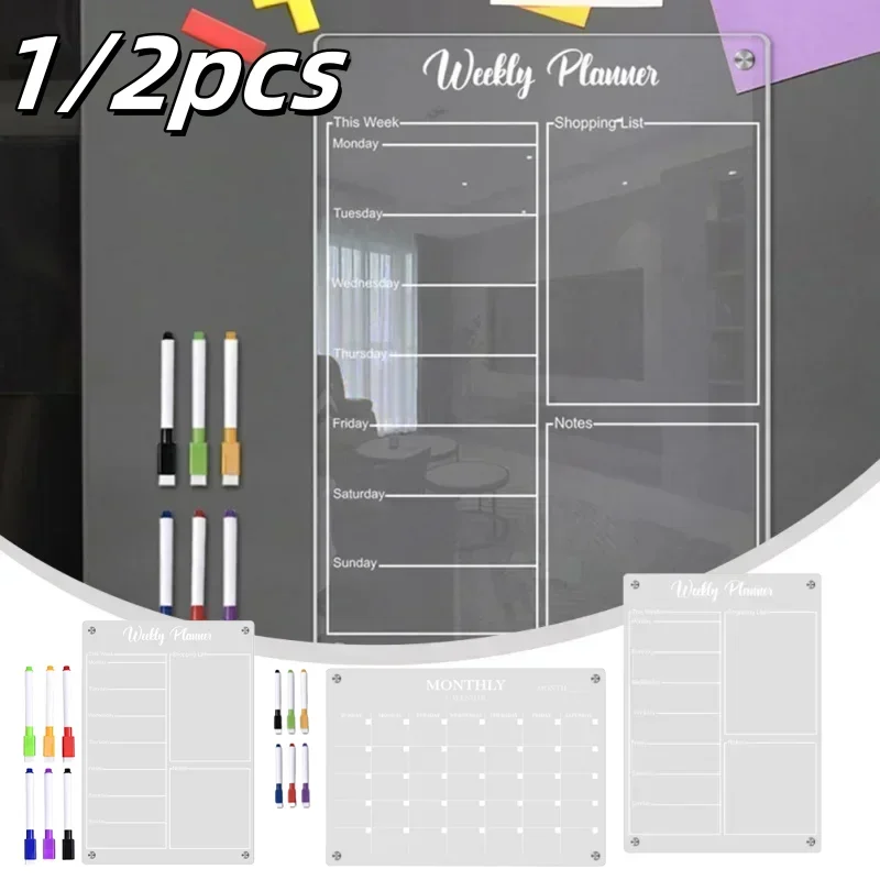 1/2pcs Fridge Magnet Sticker Clear Acrylic Calendar Reusable With Six Pens Message Board Dry Erase Weekly Planner Menu Gadgets
