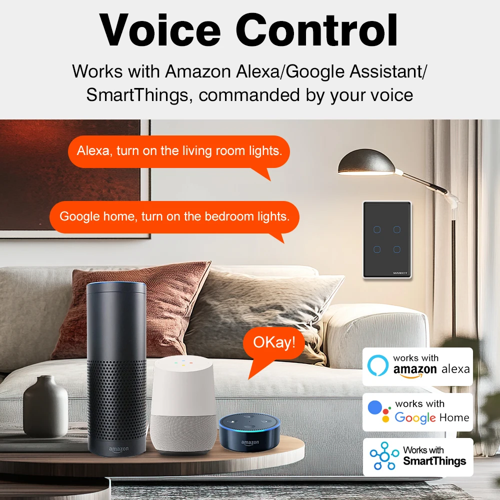 MANHOT Smart Touch Switch WiFi 1/2/3/4 Gang Wall Light Switch Neutral/No Neutral Wire Voice Control Smart Life Alexa Google Home