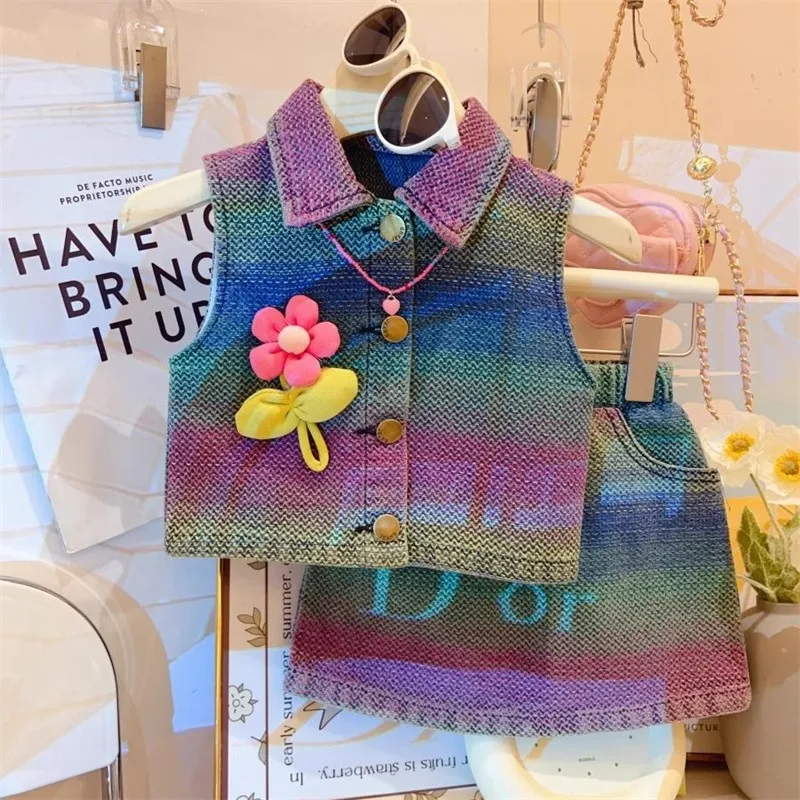 

Джинсовые платья для девочек, лето 2025 г., детские модные рубашки, жилет, топы, юбки, модный костюм из 2 предметов для детской одежды, детский праздничный костюм 8