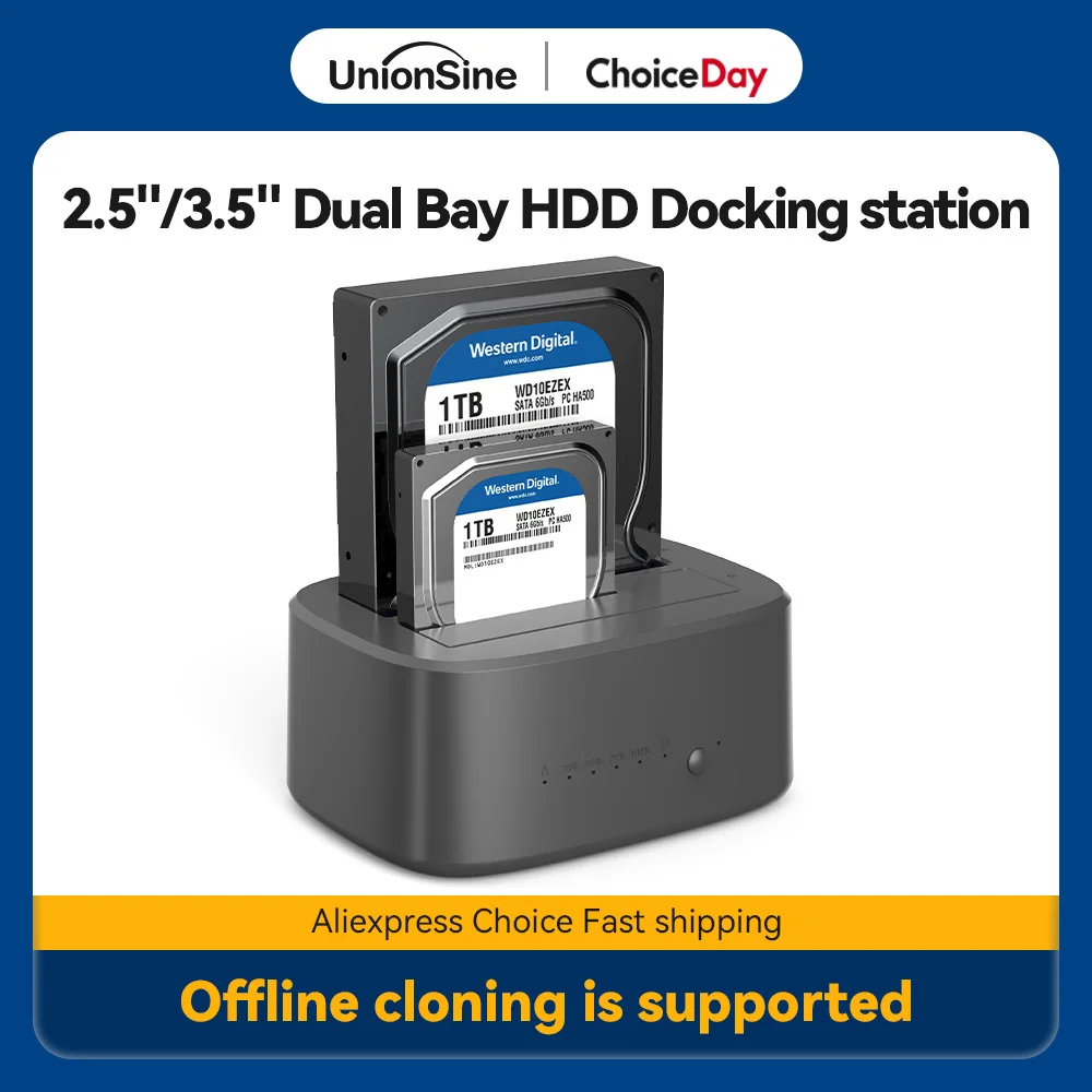 UnionSine Dual Bay HDD Docking Station with Offline Clone SATA to USB 3.0 HDD Clone Docking Station for 2.5/3.5'' SSD HDD Case