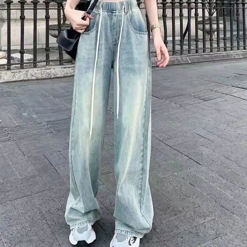 

Waist Drawstring Jeans for Women in Spring Summer Korean Version Ins High Waist Slimming Student Straight Wide-leg Floor Pants