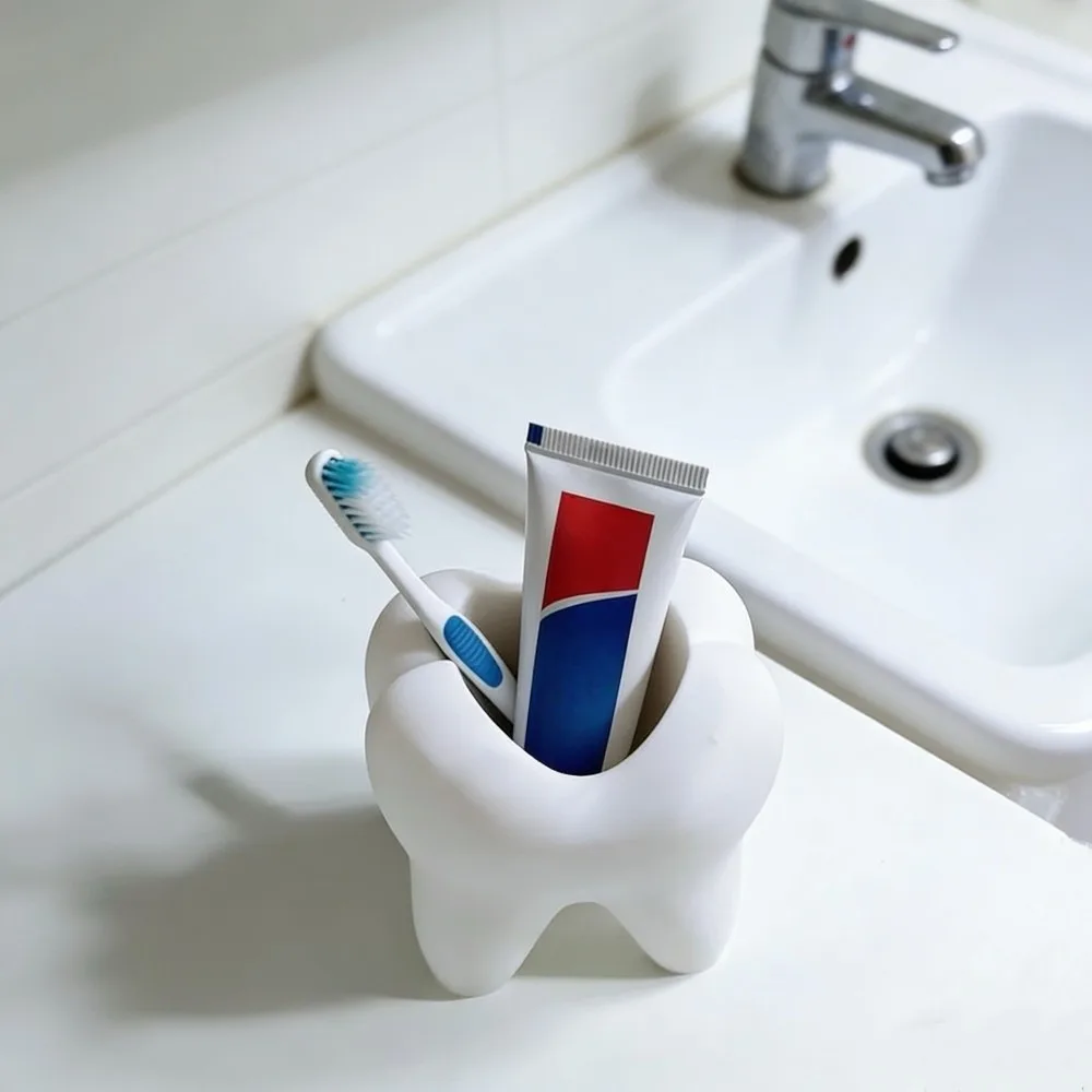 

Multi-functional 3D Printing Toothbrush Holder White Creative Tooth-Shaped Pen Holder Durable Stable Toothbrush Rack Bathroom