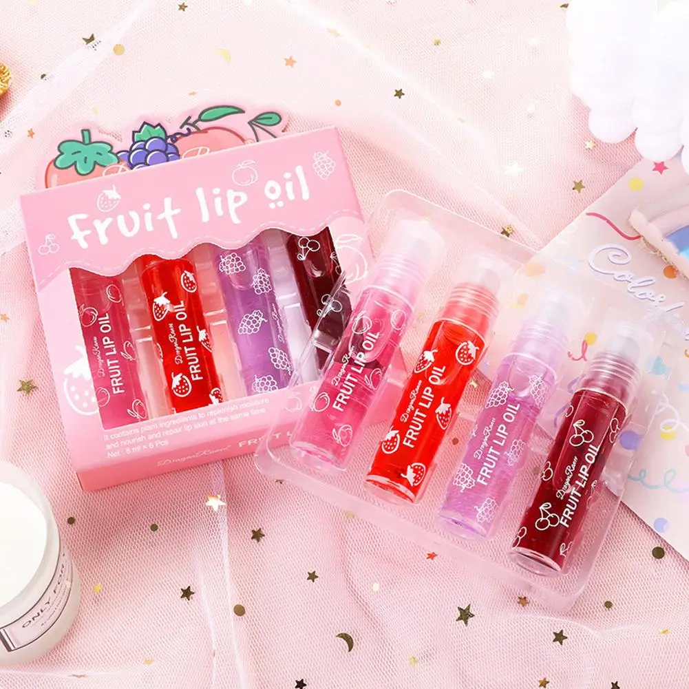 4Pcs Peach Strawberry Fruit Roll-on Lip Balm Set Makeup Moisturizing Clear Grape Transparent Lip Oil Hydrating Lip Gloss