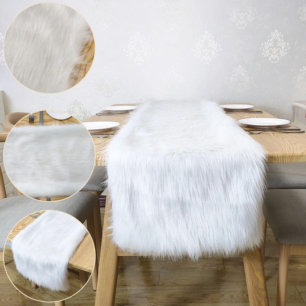 White Table Runner Plush Table Cover Fluffy Fur Soft Dinner Decorations Dresser Bedroom Display Rug Home Supplies