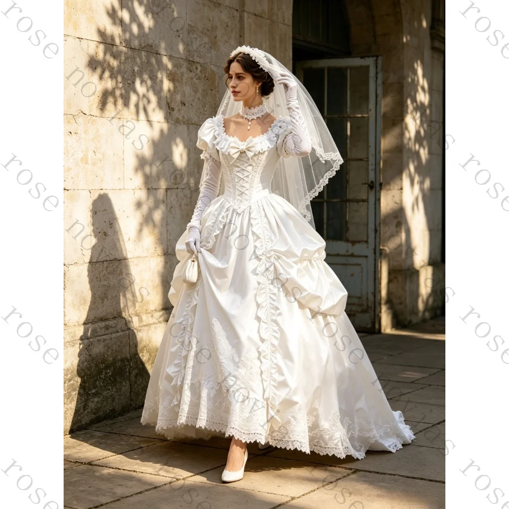Customized Retro Fluffy Sleeves Lace Long Sleeves Wedding Dresses 2026 Ruffle Square Neck Luxury Fluffy Princess Bridal Gown