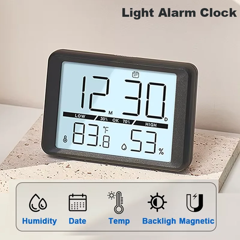 LCD Digital Alarm Clock Magnetic Mini Desktop Clock with Temperature Humidity Sensor Gauge Home Indoor Thermometer Hygrometer