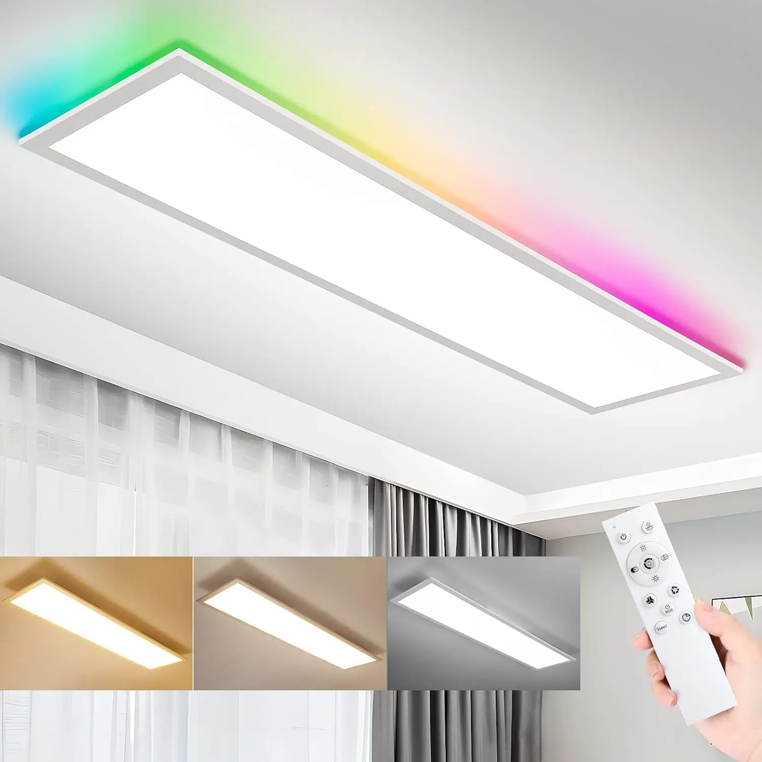 Oeegoo LED panel 120x30 dimmable, LED ceiling light RGB with remote control, 40W 4400LM daylight ceiling panel, 3000K-6500K