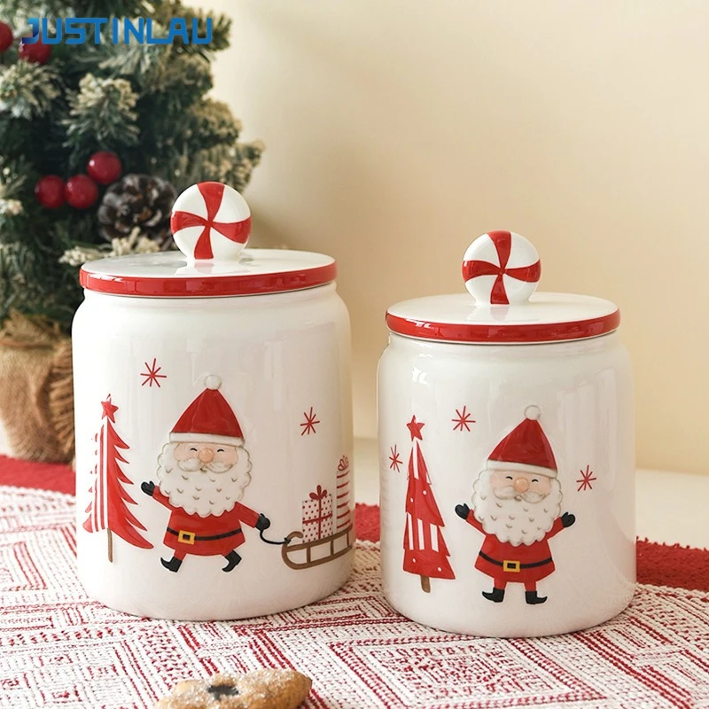 JUSTINLAU Christmas Ceramic Airtight Storage Jar Santa Claus Pattern Embossed Hand-Painted Household Dessert Dim Jars Xmas Gift