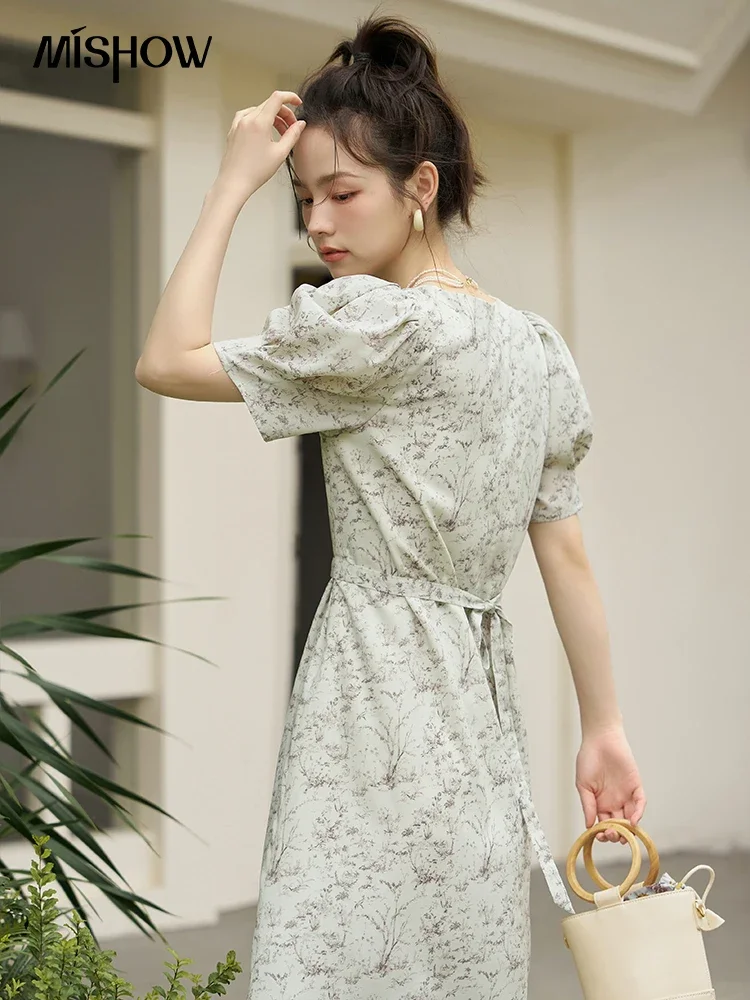 MISHOW French Floral Dresses for Women Summer V-neck Chiffon Puff Sleeve A-LINE Slim Seaside Vacation Midi Dress MXC36L1342