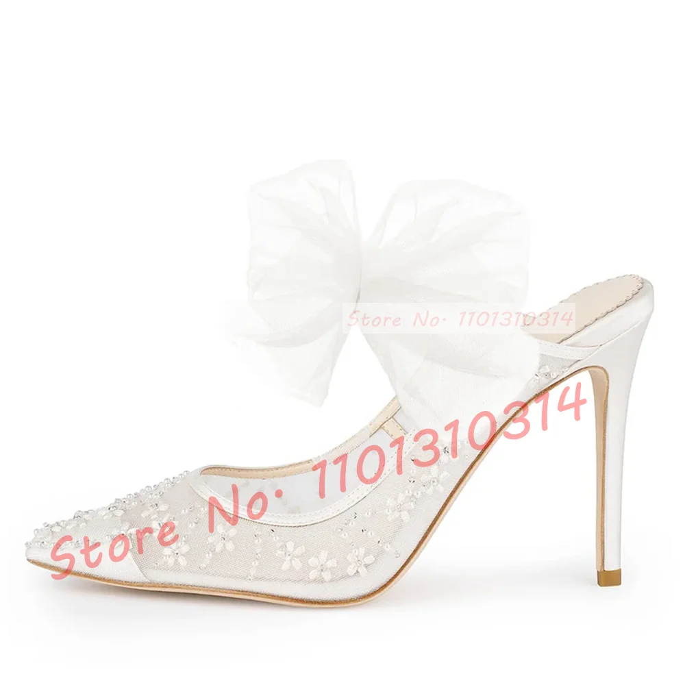 Tule Bow Malha Branca Mulas Mulheres Casamento Pointy Stiletto Saltos Sapatos Bordados 2023 Verão Feminino Elegante Luxo Sapatos De Seda