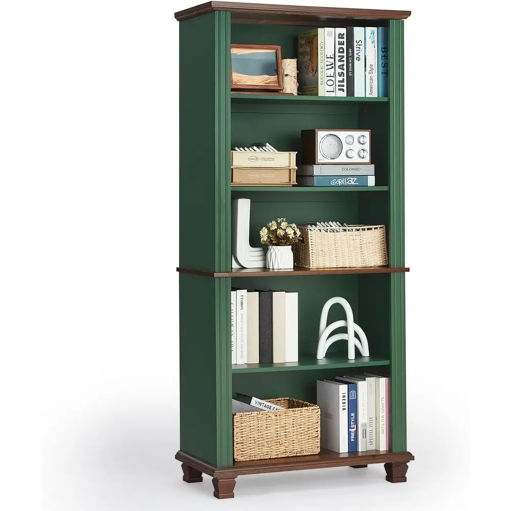 

70" Tall Green Bookshel,5 Tier Wooden Book Shel with Adjustable Shelves & Wood Legs,ree Standing armhouse Bookcase with Open Dis