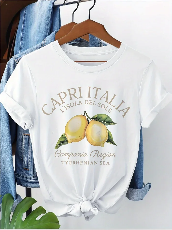 7191Capri Itali Print T-shirt Oversized Retro Funny Lemon T-Shirts Short Sleeve Crew Neck Casual Top For Summer Women's Clothing