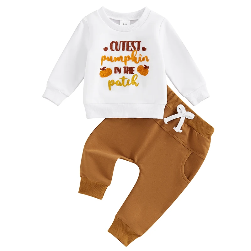 Baby Boy Fall Outfit Pumpkin Letter Embroidery Long Sleeve Sweatshirt and Elastic Pants 2 Piece Clothes for Toddler