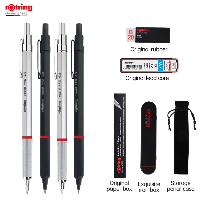 Rotring Rapid Pro Mechanical Pencil 0.5/0.7/2.0mm Metal Mechanical Pencils Black/Silve Automatic pencil for Sketching Drawing