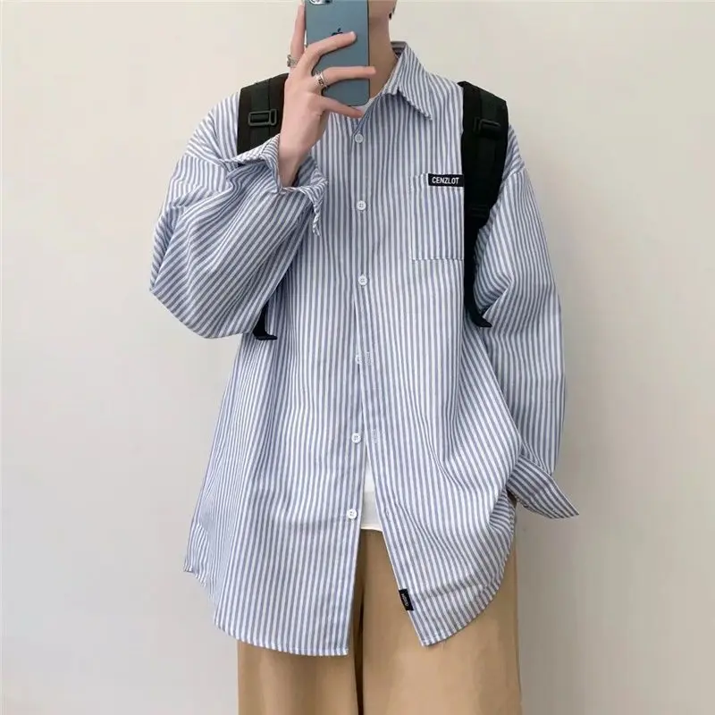 Korean Version Japanese Vintage Casual Solid Color Striped Printed Men's Clothing Loose Trend Hong Kong Breeze Long Sleeve Shirt