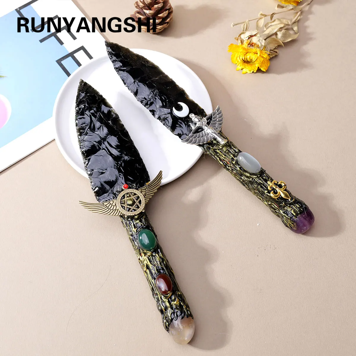 

1PC Natural Crystal Obsidian Dagger Original Stone Model Knife Polishing Unbladed Knife Model Crystal Crafts