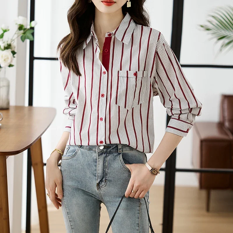 Shirts for Women New Slim Women\'s Clothing Fashion Polo-Neck Striped Womens Tops Long Sleeved Blouse Women OL Autumn Women Shirt