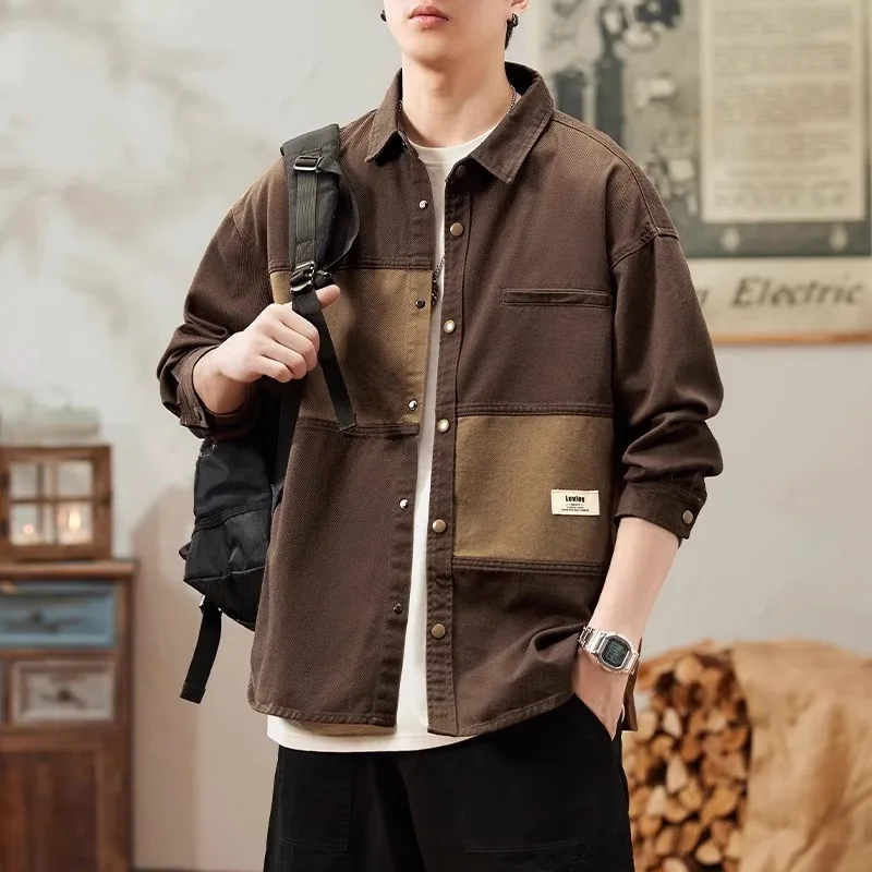

Spring Summer Heavyweight Workwear irt Men's Casual Japanese Sle Trendy Patchwork Jaet Outerwear Breathable Long Sve