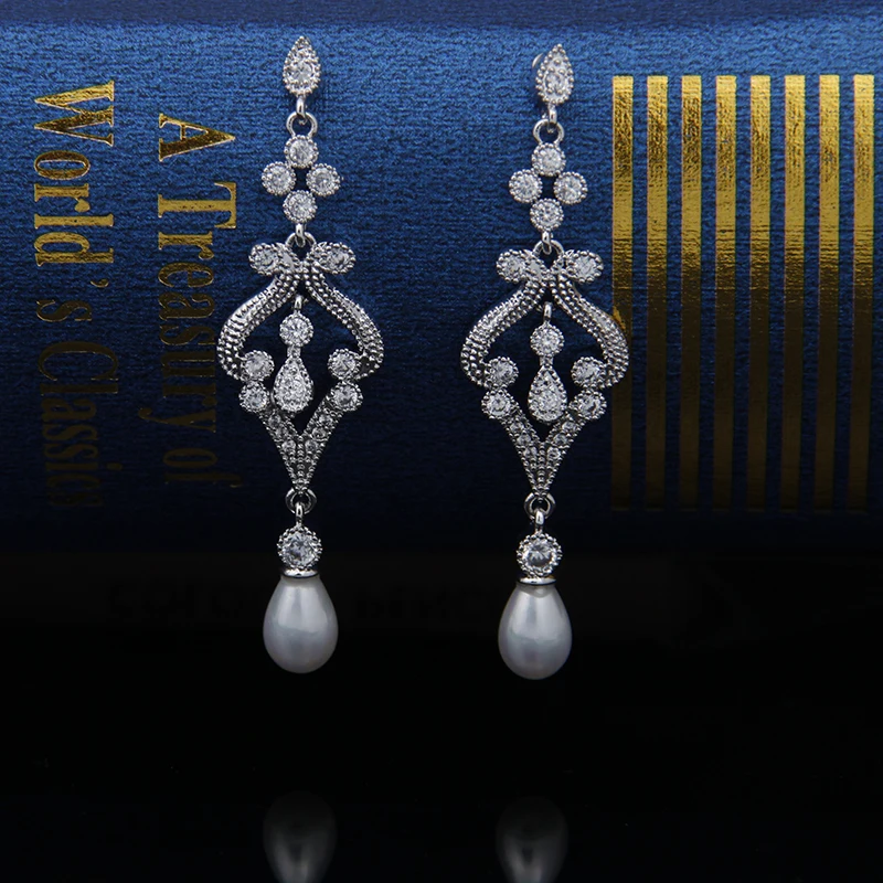 LXOEN Bohimian Cubic Zirconia Drop Earrings For Women Romantic Long Imitation Pearls Pendent Earings Gold Silver color Earring