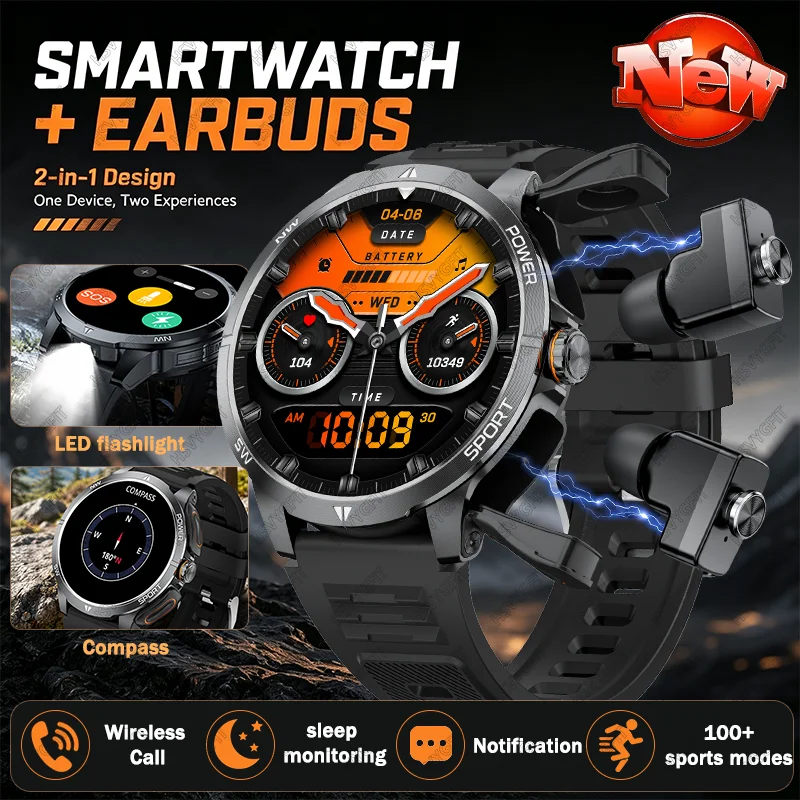 2026 new 2-in-1 smartwatchwithbuilt-in wirelessearphones,compass navigation,pedometer, fitness tracker,and information reminders