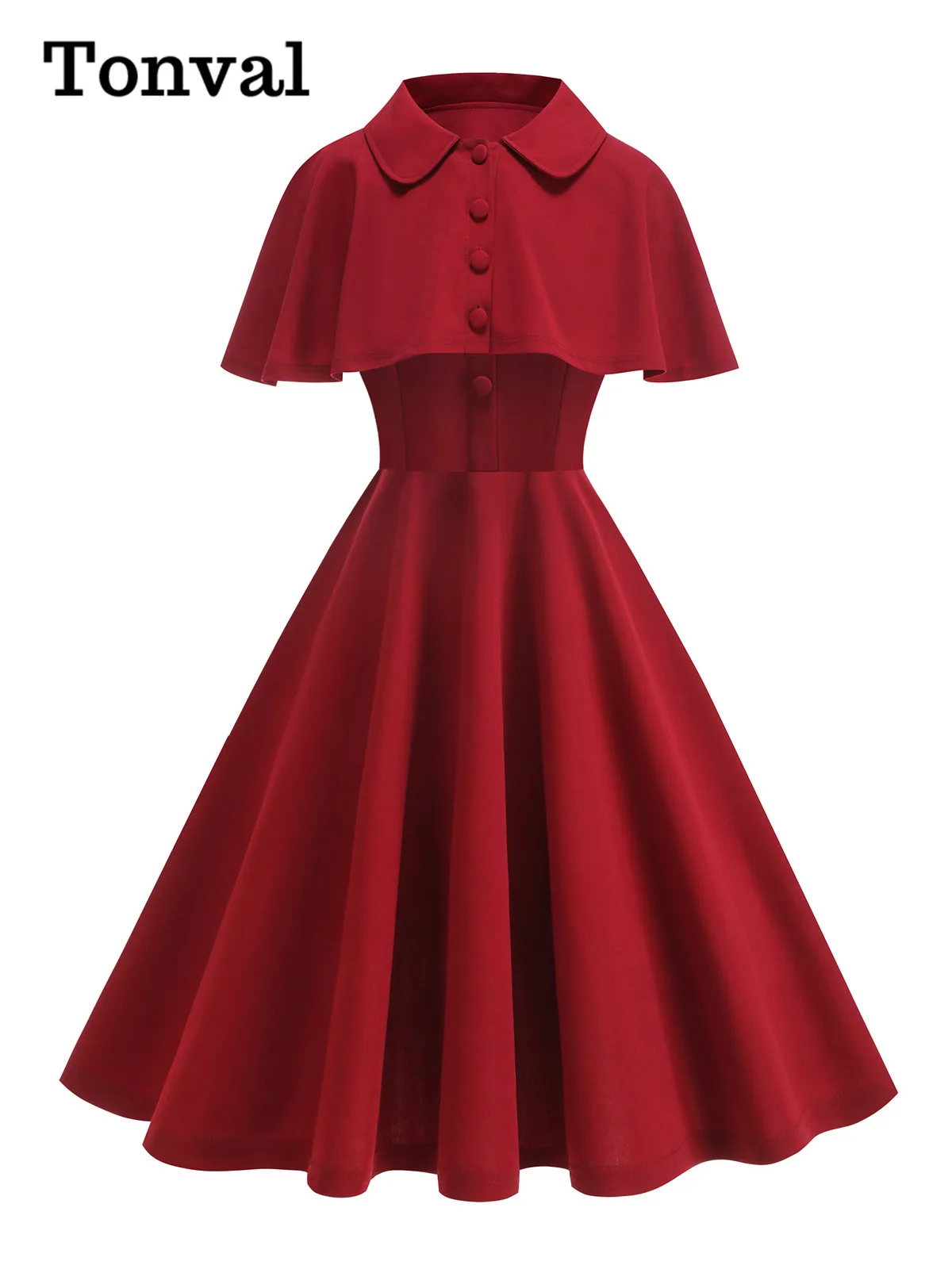 Tonval col Peter Pan Cape et robes deux pièces pour femmes boutons devant Vintage plaine robe trapèze élégante