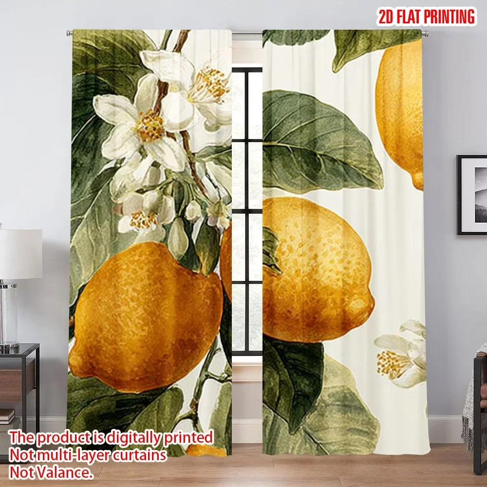 2PCS Digital Printed Curtains, Lemon Small Flowers Citrus Ditsy Floral, Window Curtains for Living Room Bedroom Home Decoration