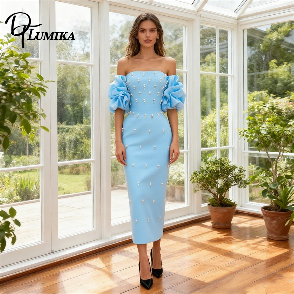 DTLumika Pearls Sheath Formal Dress for Women, Off Shoulder Tailored Evening Dresses, Wedding Guest Birthday Party Gown