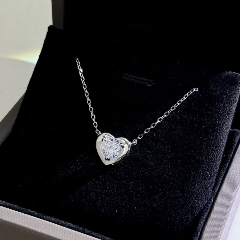 S925Sterling Silver Loving Heart Necklace Japanese and Korean Simple Exquisite High-Grade Single Diamond Glossy Necklace Light L