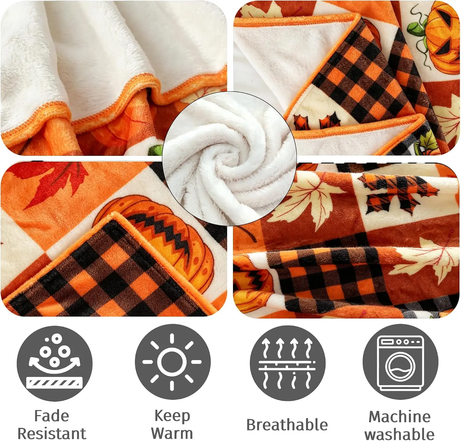 Fall Pumpkin Throw Blanket Leaves Fall Plaid Flannel Blanket 50 x 60 inch Soft Fuzzy Plush for Couch, Bed, and Living Home Decoration Fall