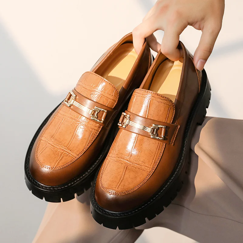 

Классические коричневые кожаные мужские туфли без шнуровки, деловые лоферы, мужские удобные кожаные повседневные туфли на платформе, мужские мокасины de hombre